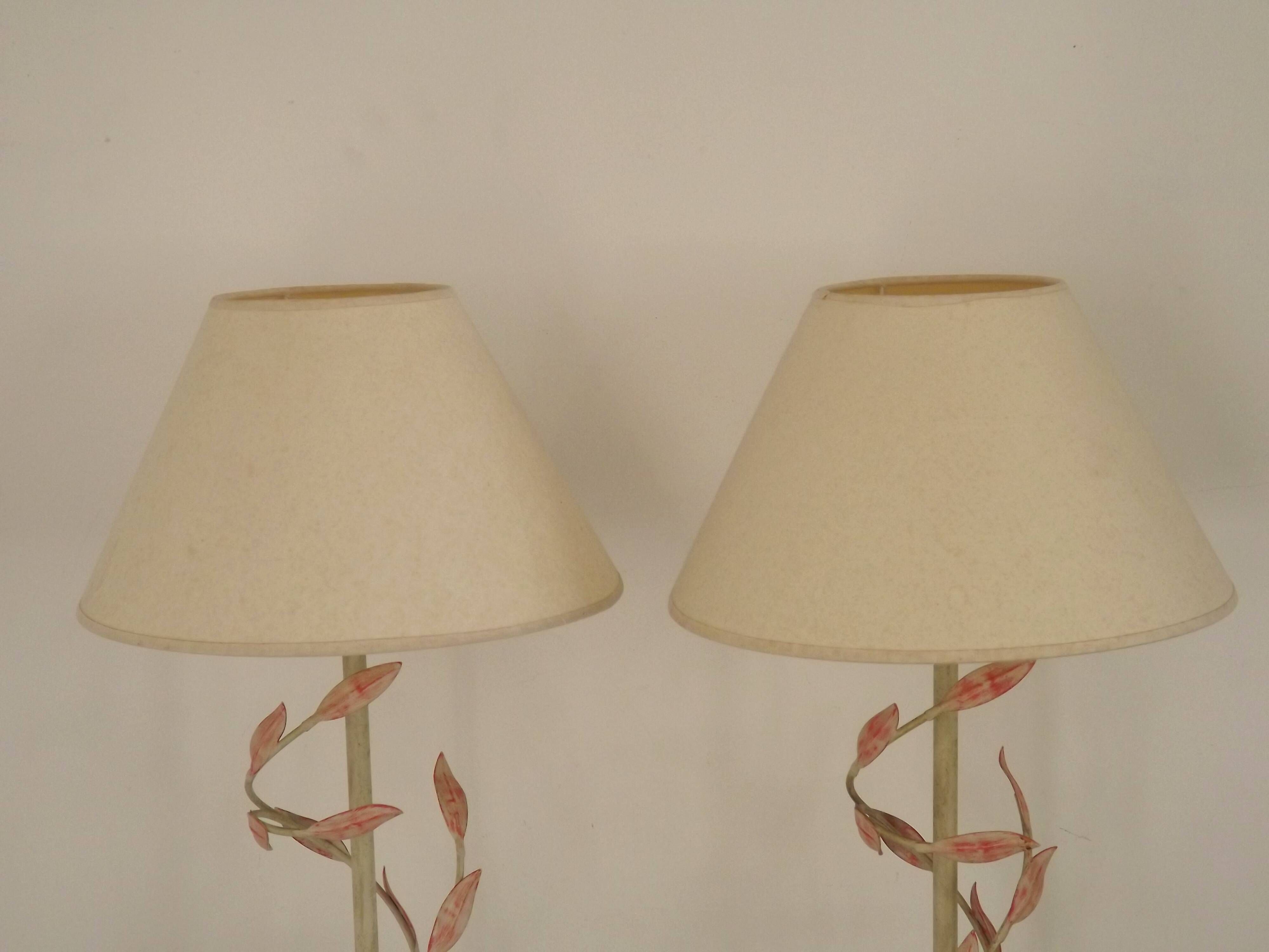 Pair Of French Vintage Metal Table Lamps With Scrolling Leaf Detail