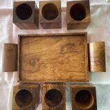6 cube egg cups on tray with handles Olive wood Vintage 1970