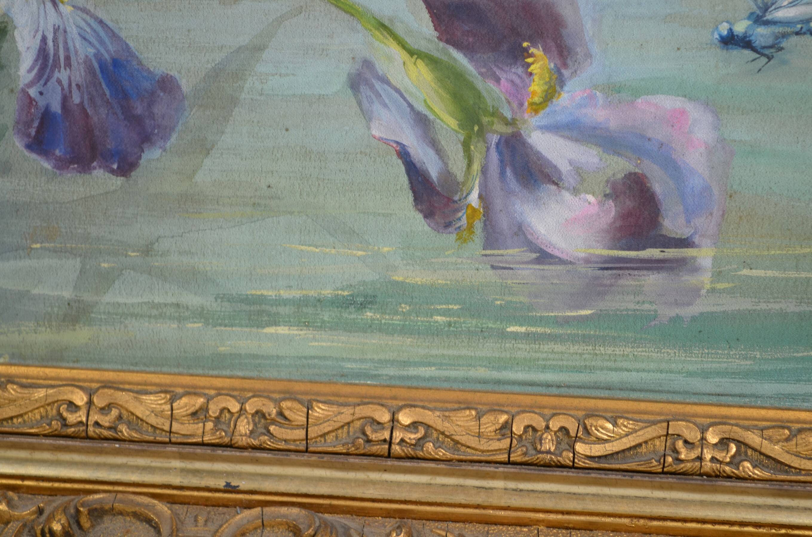 French School circa 1900 “Irises and dragonflies” Painted silk.
