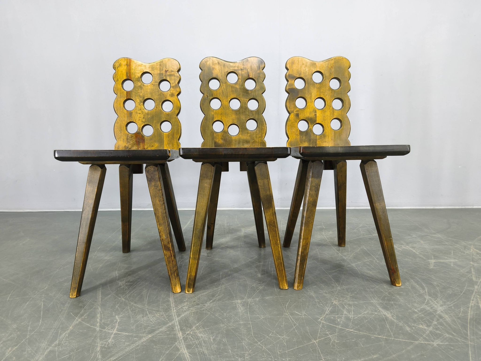 Set of 3 Brutalist Wooden Chairs, Czechoslovakia, 1950s