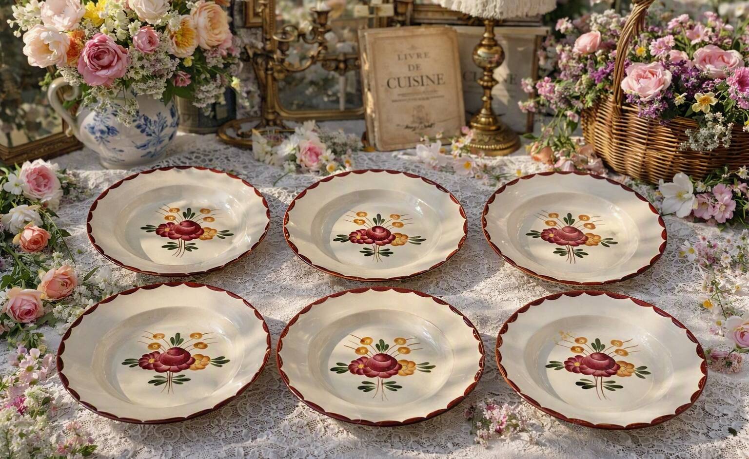 6 assiettes creuses anciennes en faïence de Longchamp