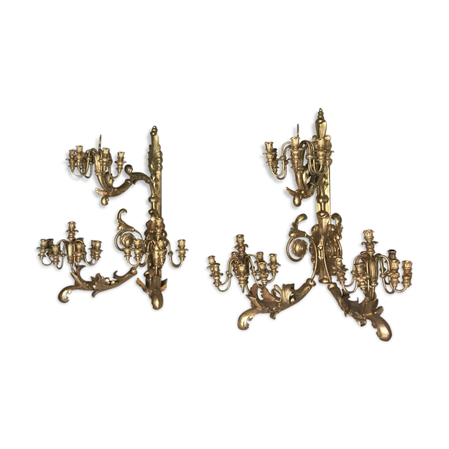 Pair of monumental wall light in golden wood