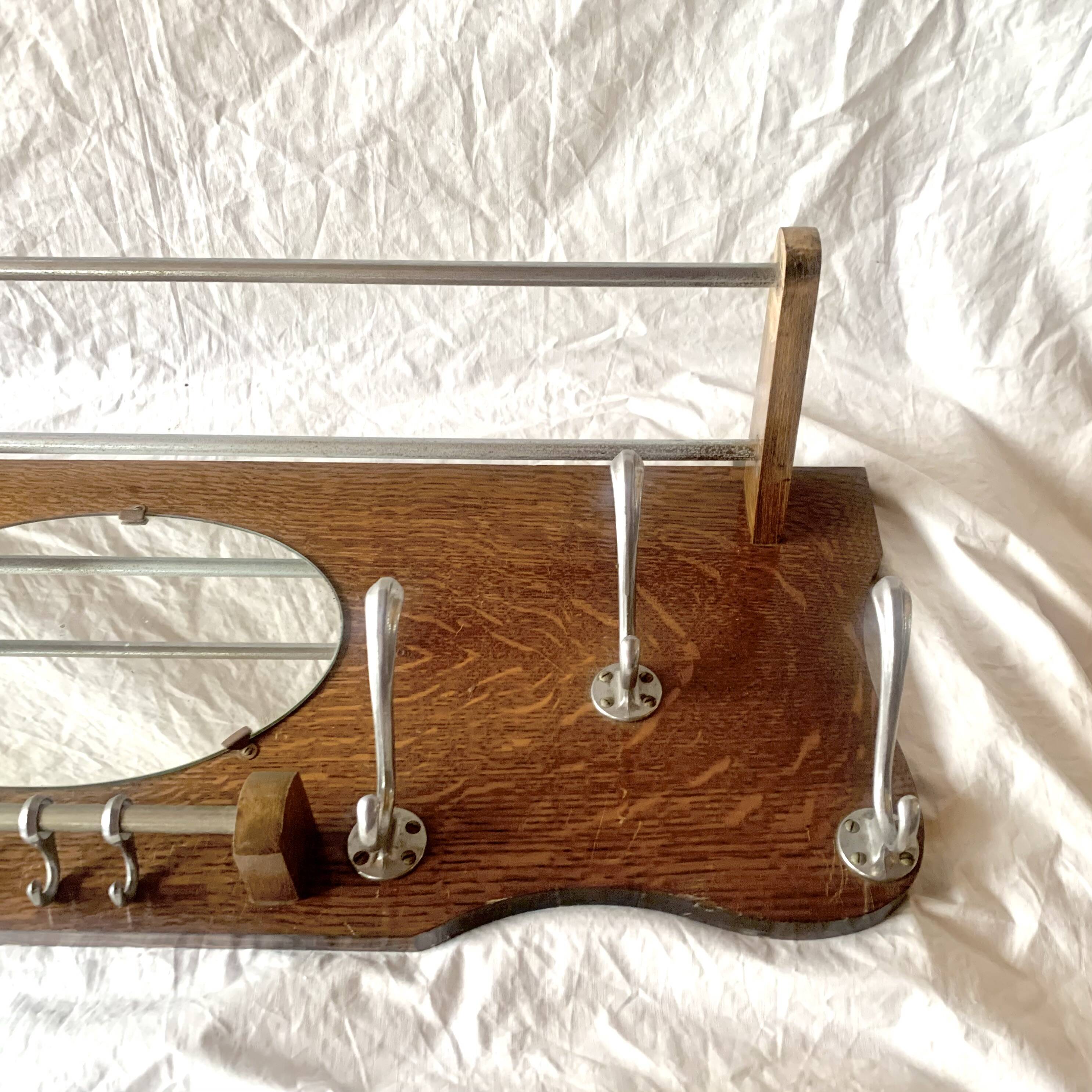 Large Art Deco wooden wall coat rack with mirror and hat rack