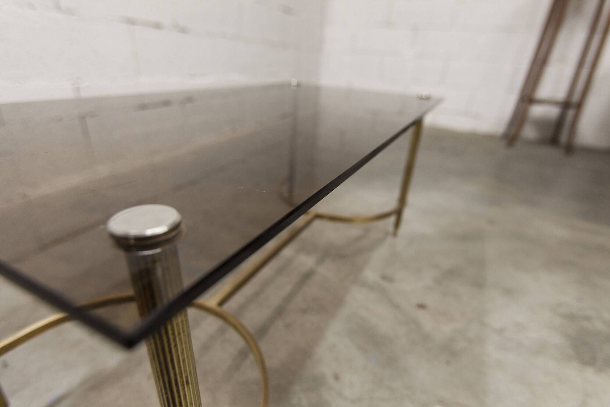 Gold brass coffee table with smoked glass 1970