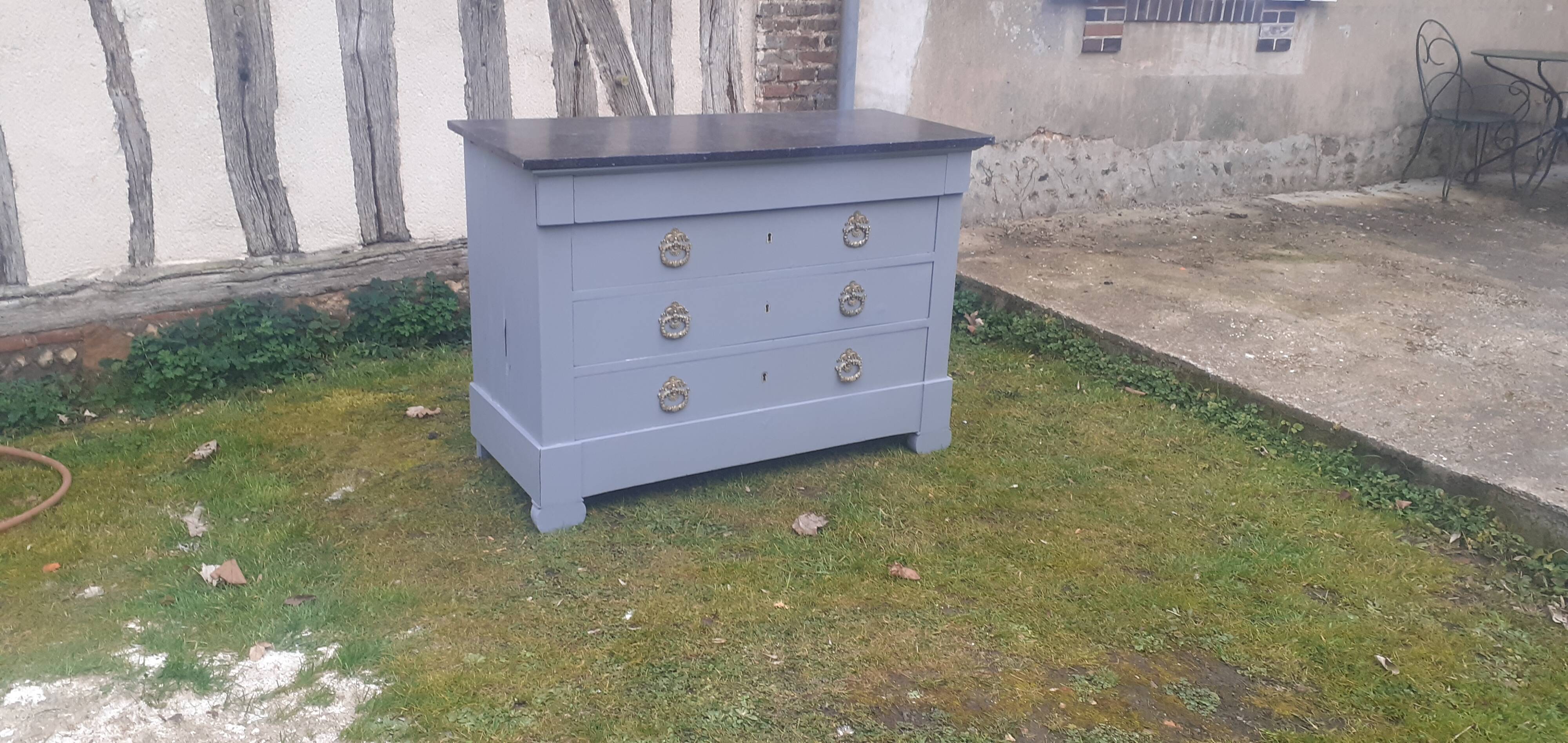 Antique 4-drawer chest of drawers, Gustave grey, 3 dark grey marble