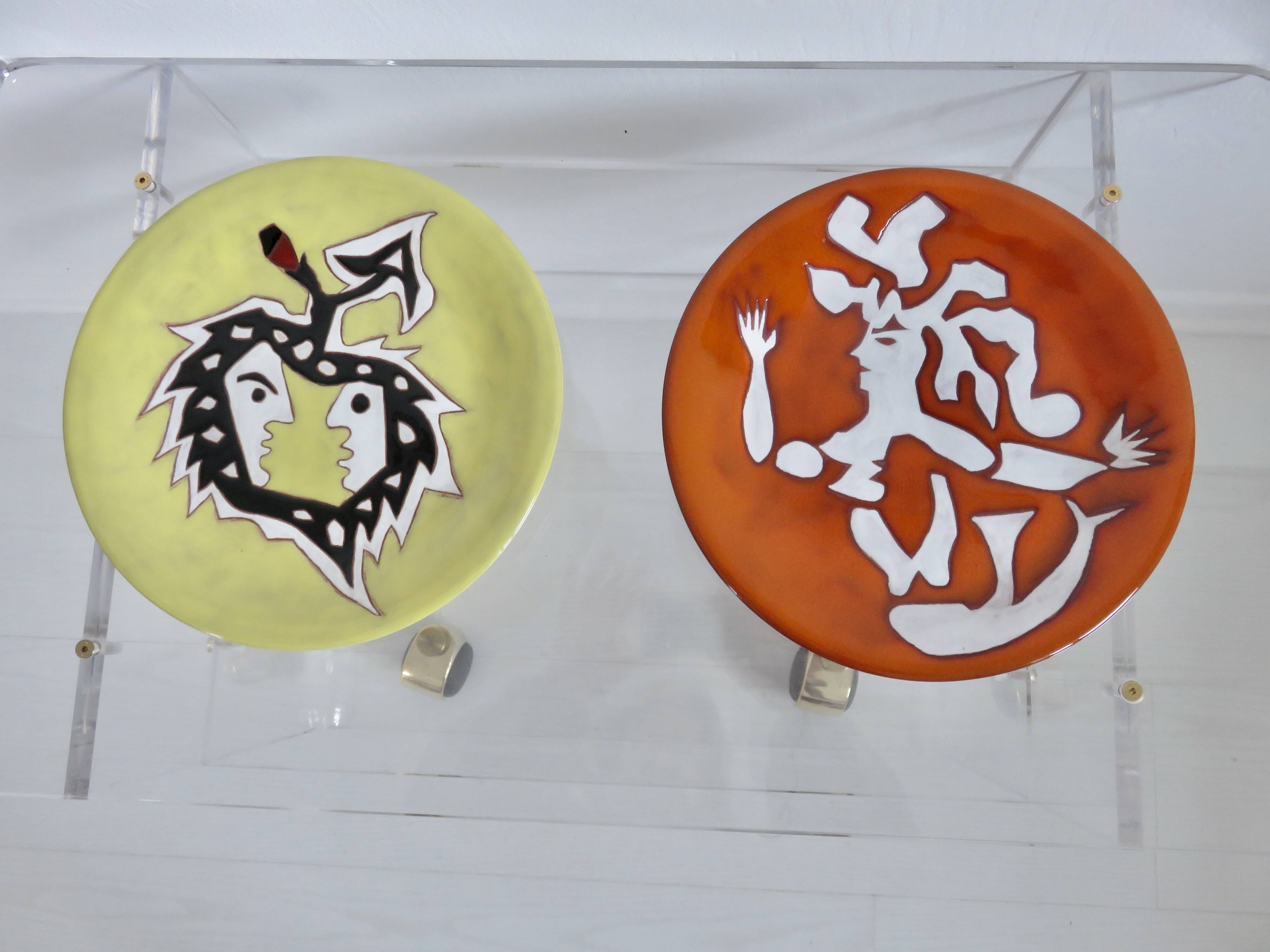 Jean Lurçat 2 enamelled ceramic plates, signed, Sant Vicens edition