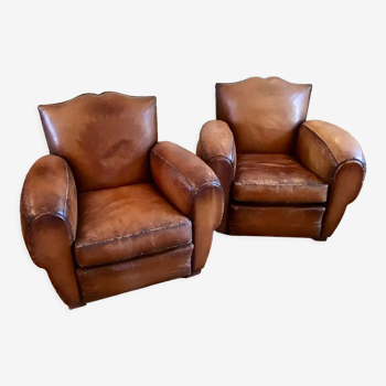 Pair armchairs club leather mustache art deco