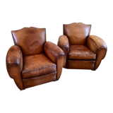 Pair armchairs club leather mustache art deco