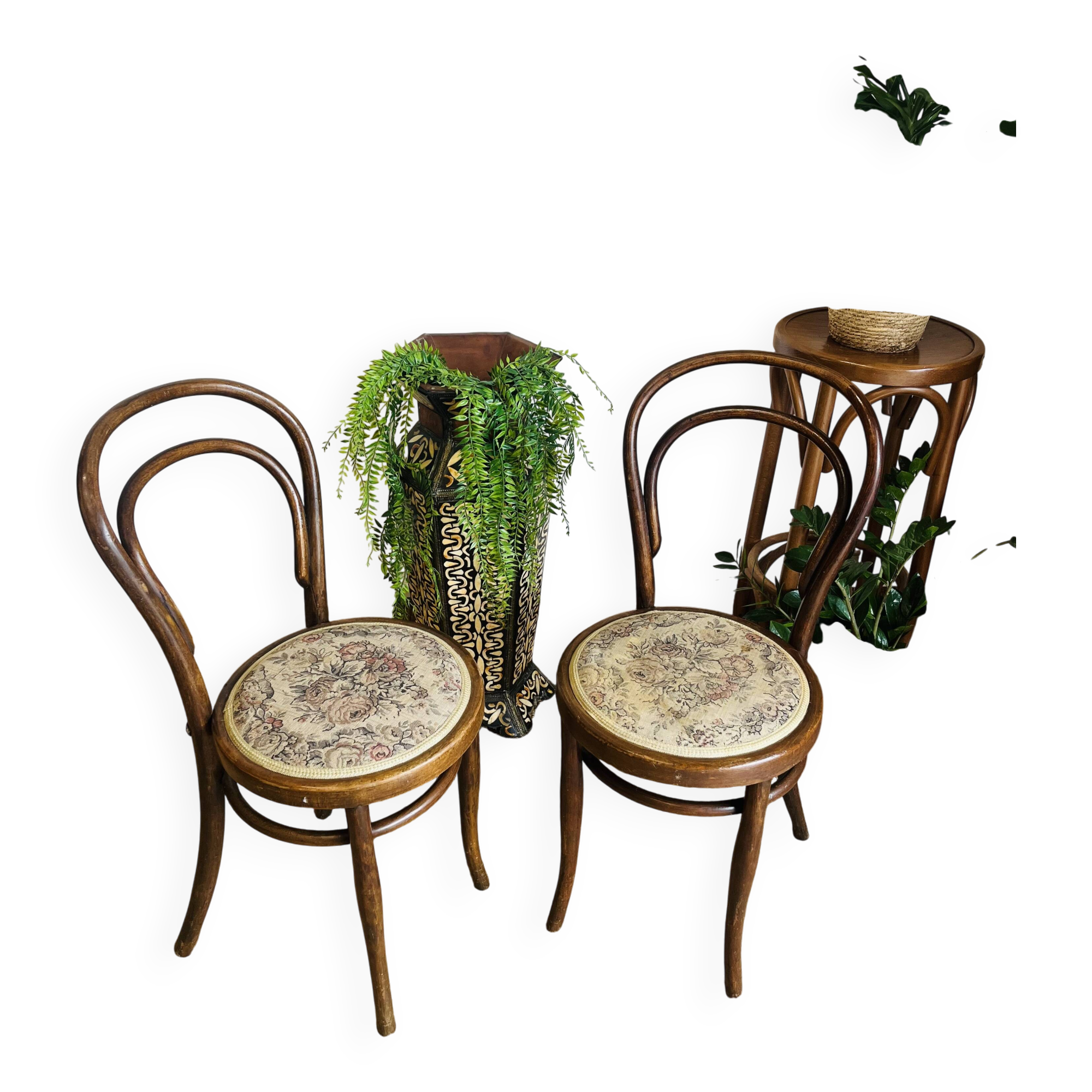 Pair of vintage bistro chairs – bentwood – floral upholstered seat