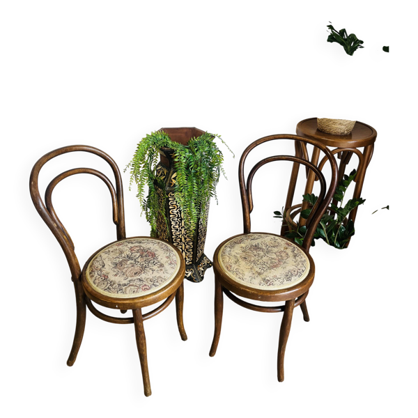 Paire de chaises bistrot vintage – bois courbé – assise tapissée florale