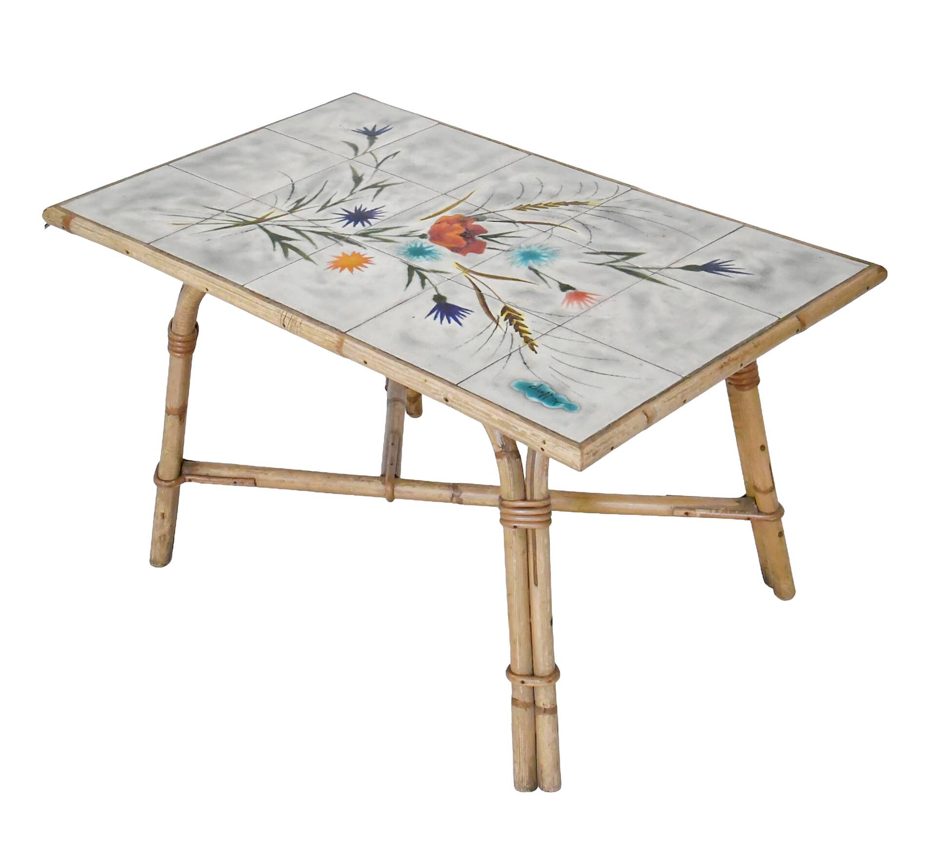 Audoux Minnet style coffee table in rattan and ceramic by Georges Chassin