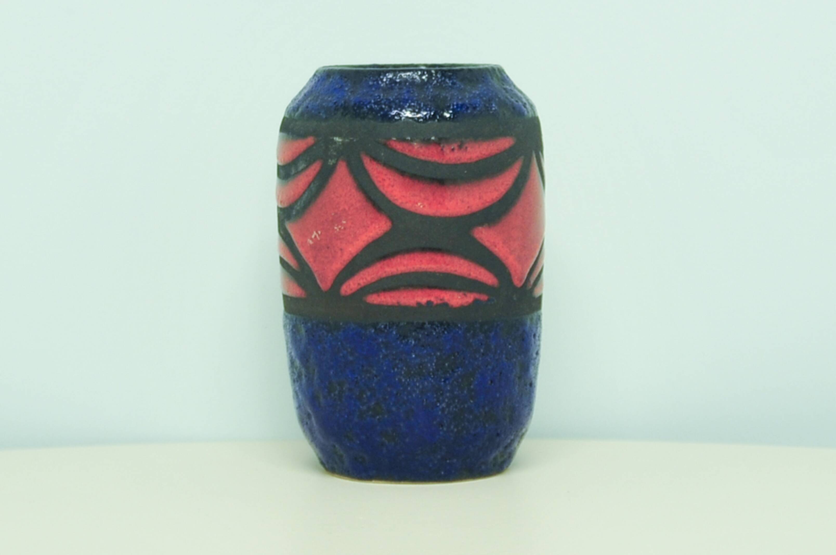 Vintage blue & red fatlava west germany vase scheurich