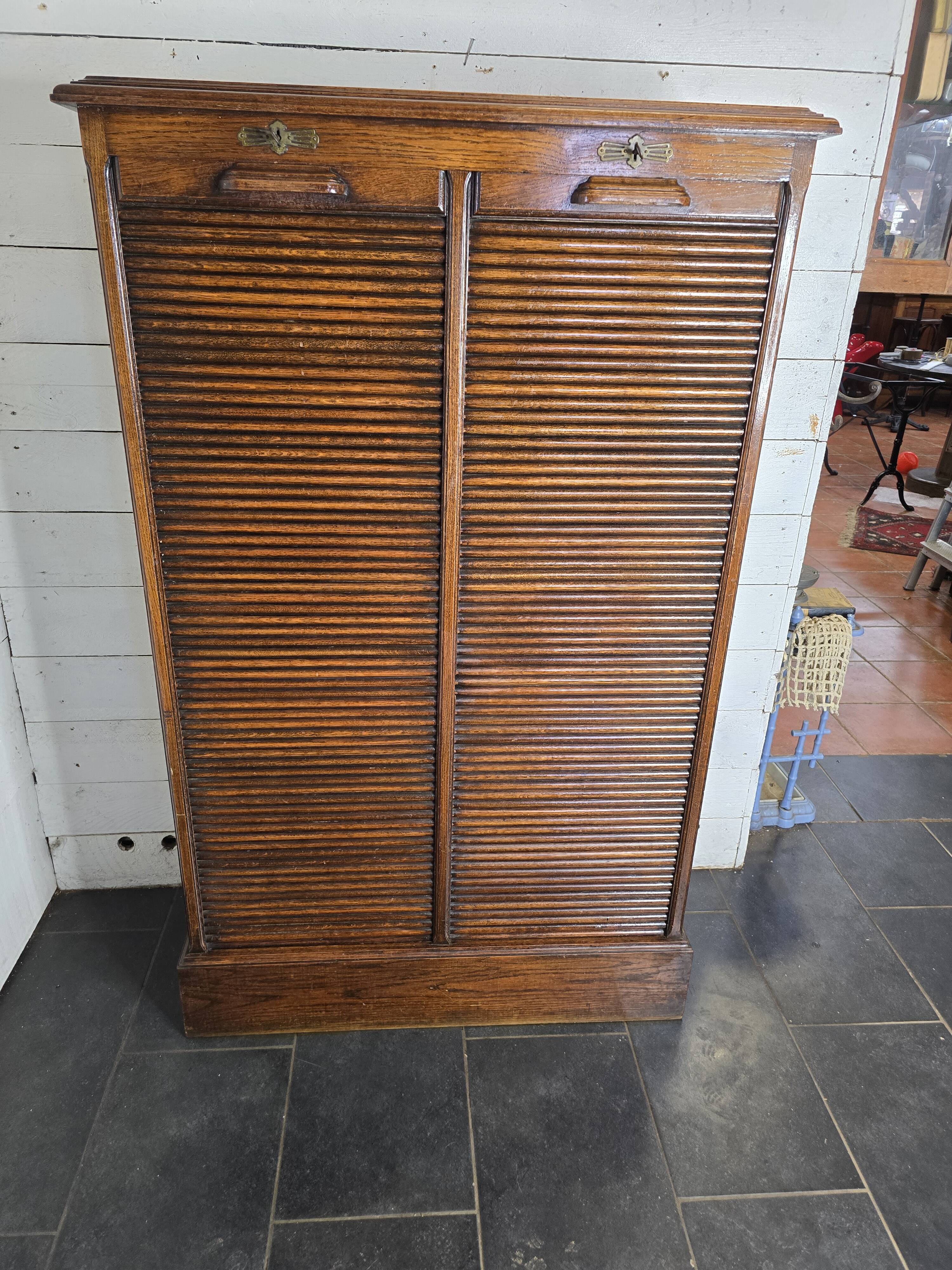 Solid oak double curtain filing cabinet
