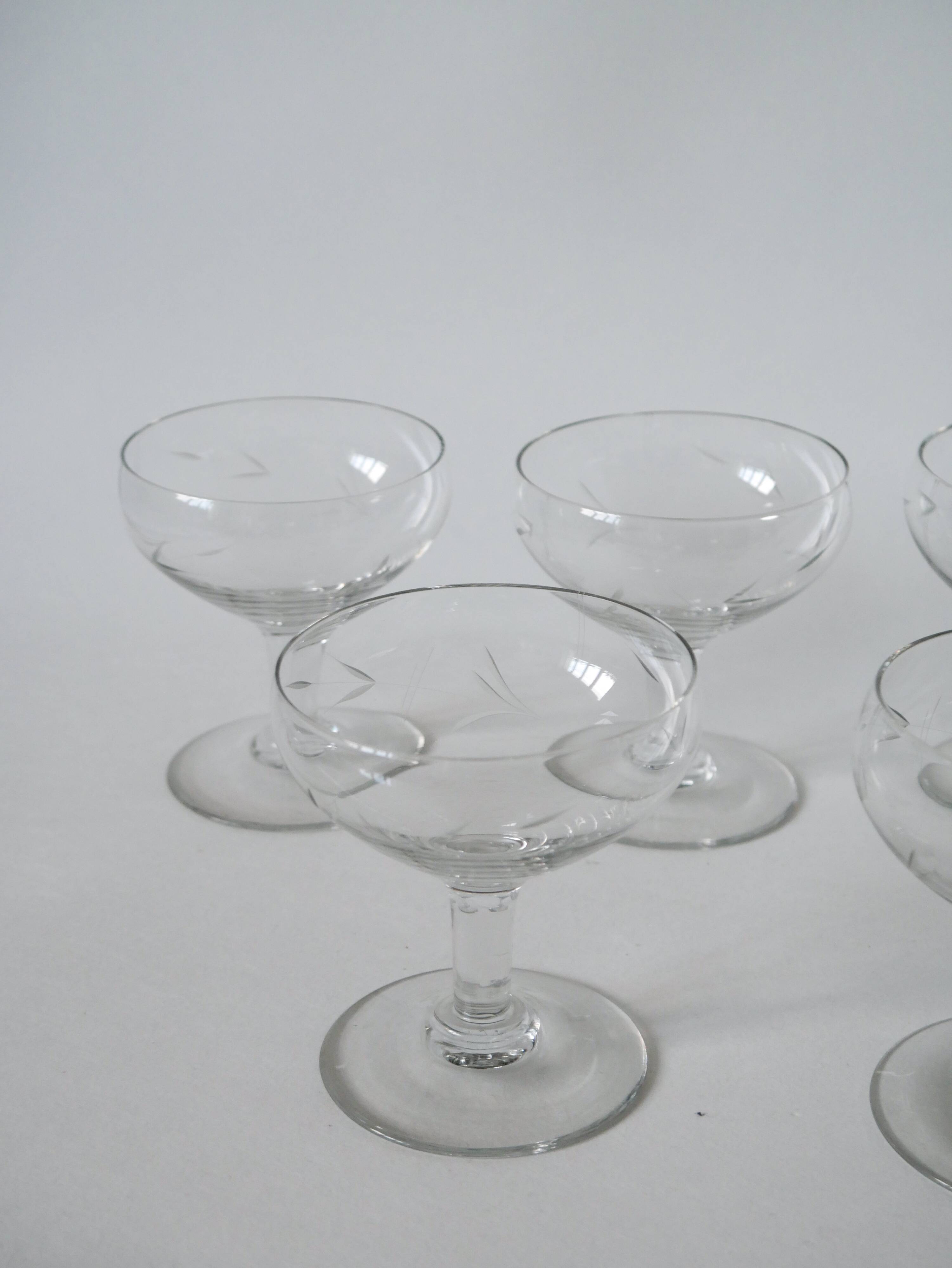 Set of 6 engraved crystal champagne glasses 1950