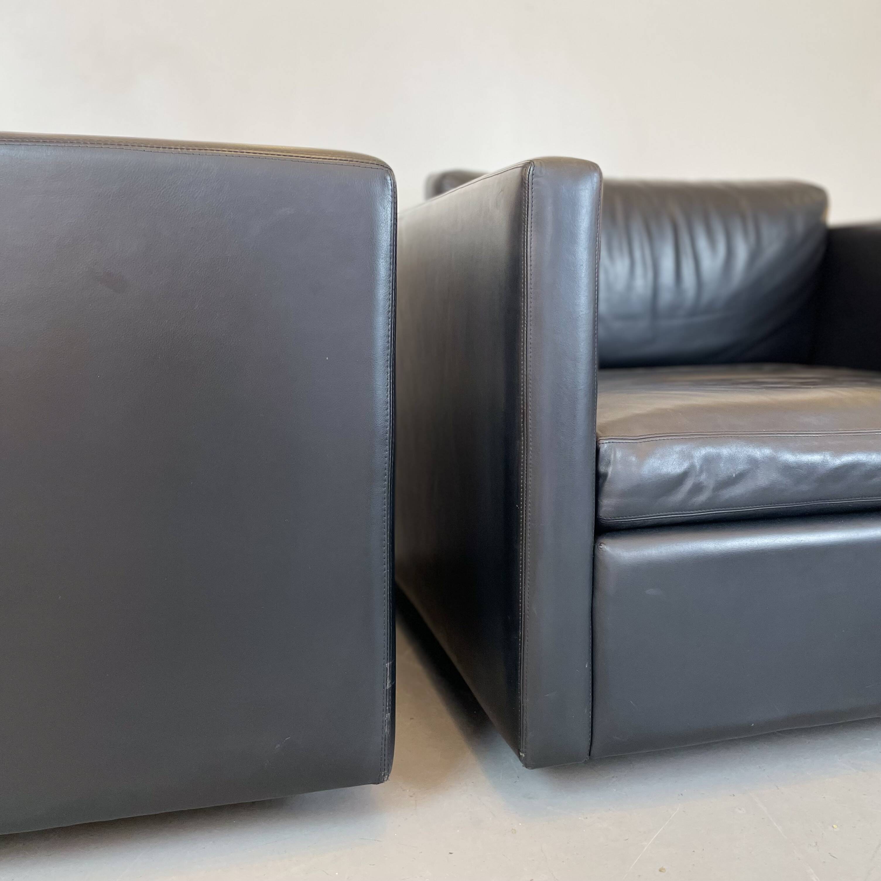 Pair of Black Leather Cube Club-Chairs by Charles Pfister for Knoll, 1980s