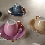 6 mocha coffee cups with saucers and spoons, colorful, golden handle, from the 60s