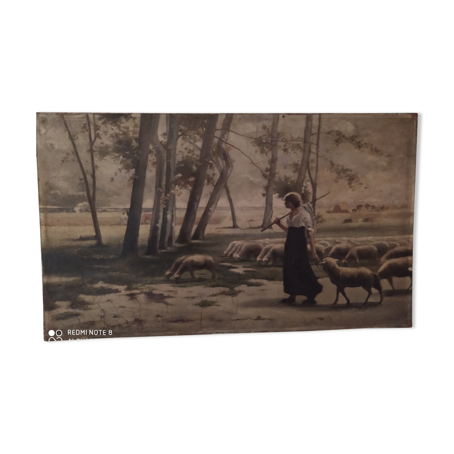 Oil on canvas the sheep herder signed Schmidt