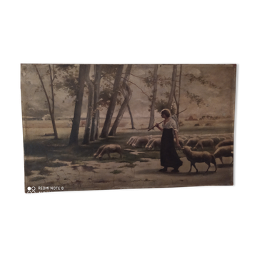 Oil on canvas the sheep herder signed Schmidt
