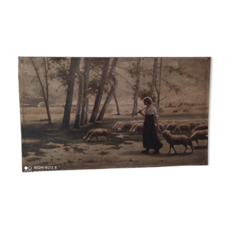 Oil on canvas the sheep herder signed Schmidt