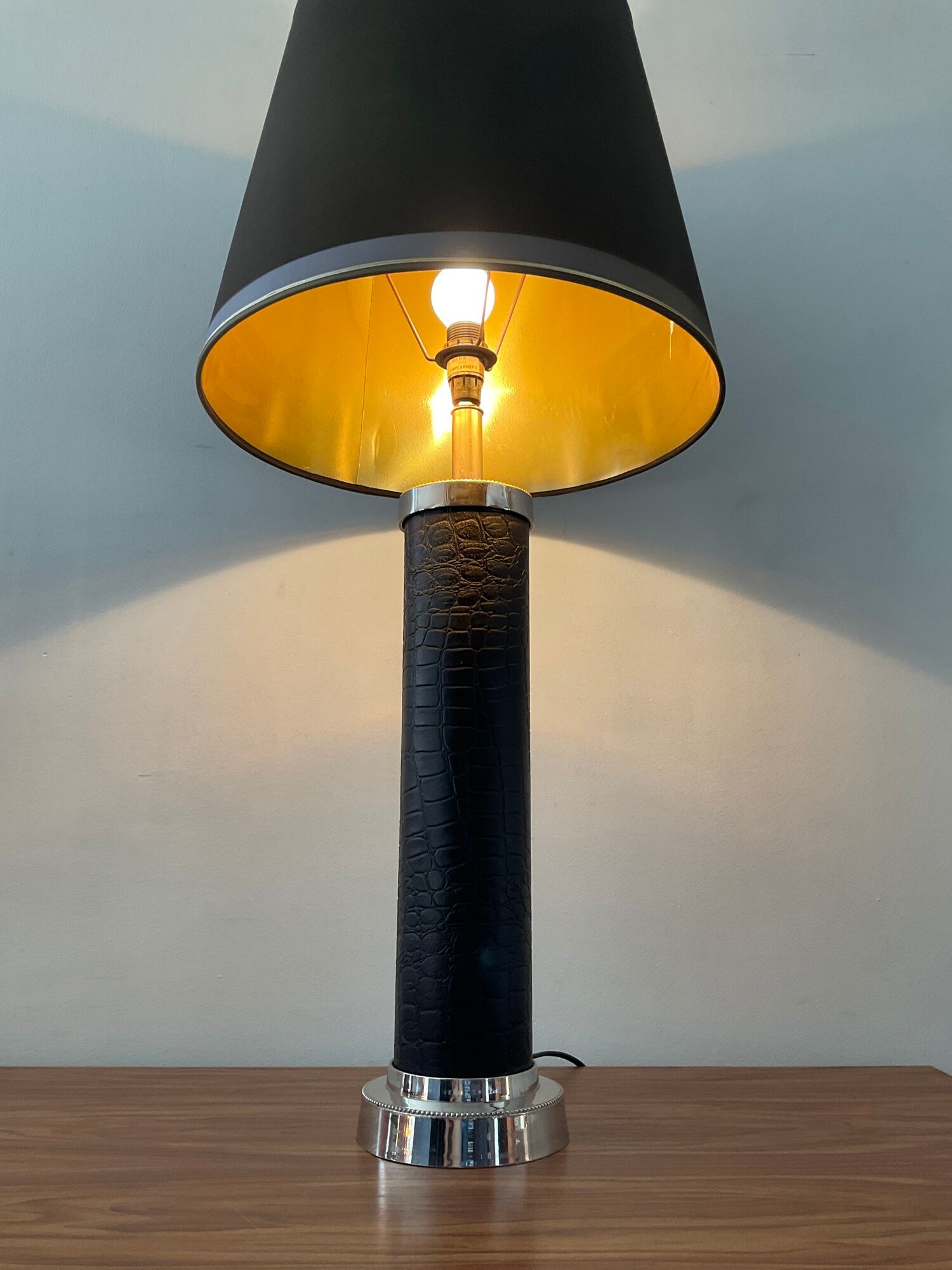 Vintage column lamp in leather and silver brass 60s-70s