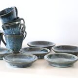 Serving of 6 cups and under cups in stoneware, Manziat, vintage