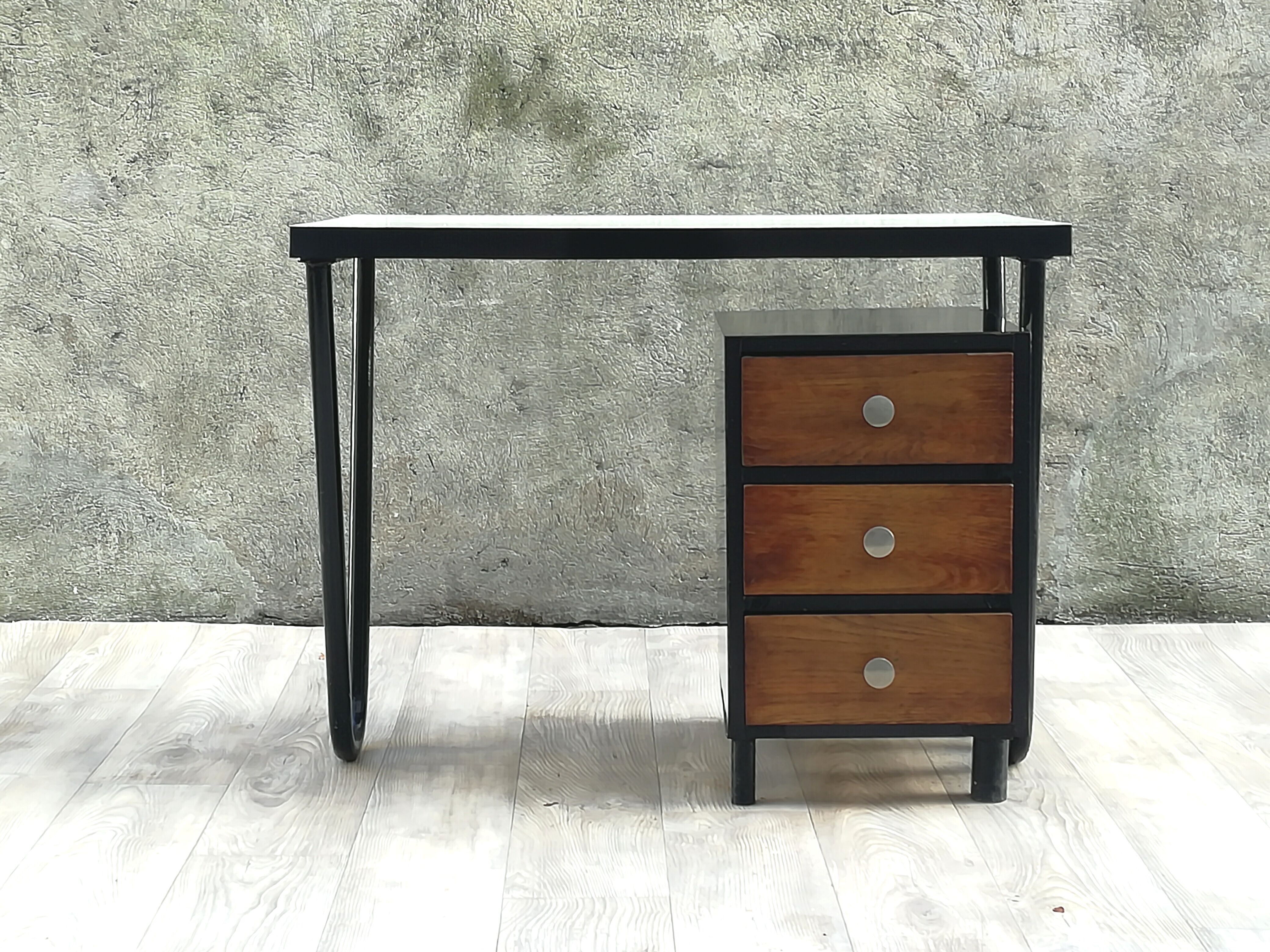Modernist desk in metal and wood, 1950 s