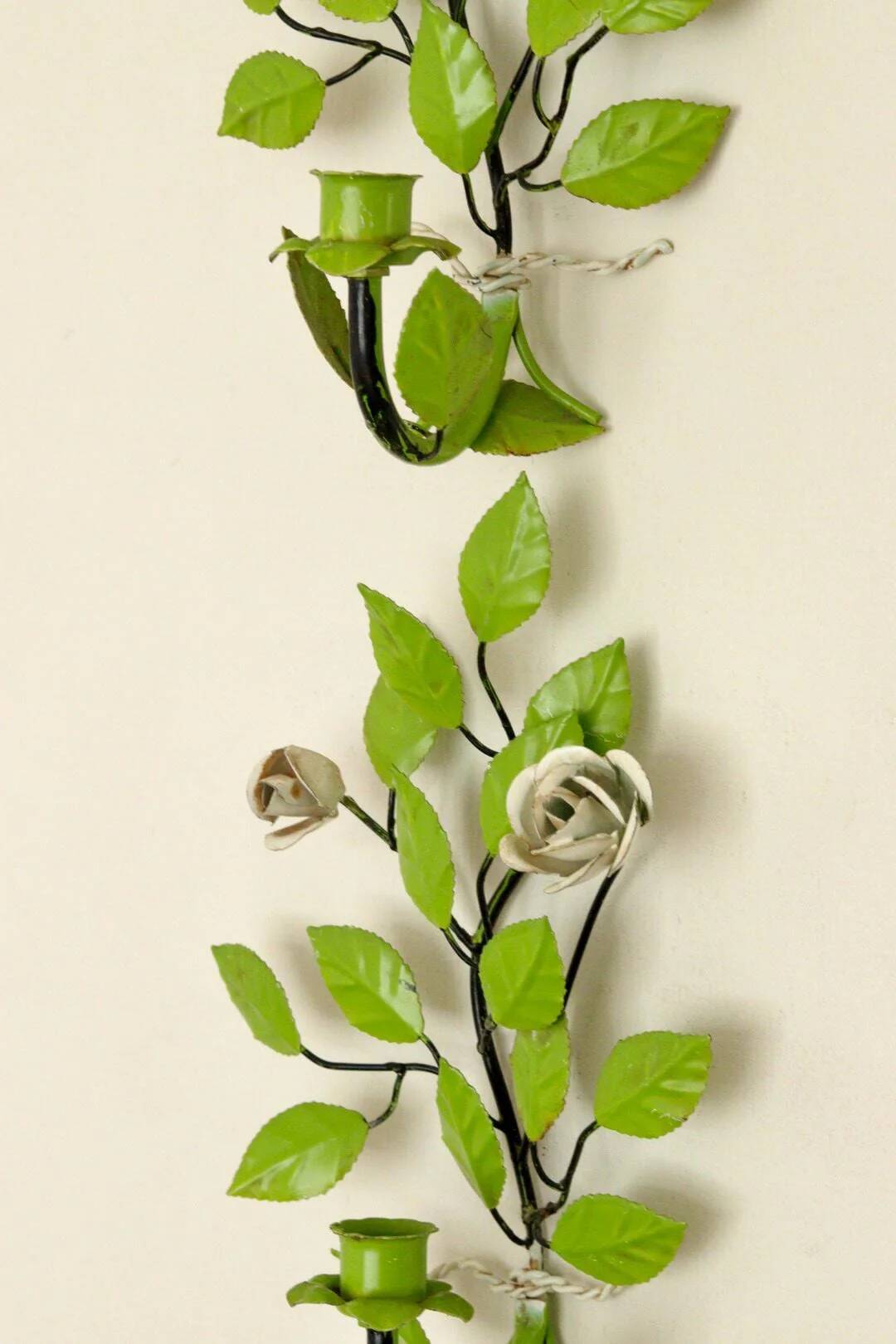 Pair of vintage green metal wall sconces – leaf-shaped