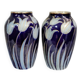 Grès d'Alsace : paire de vases aux tulipes signés Hubert Krumeich-Remmy