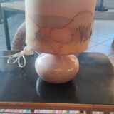 Ceramic lamp and its silk lampshade painted around 1970