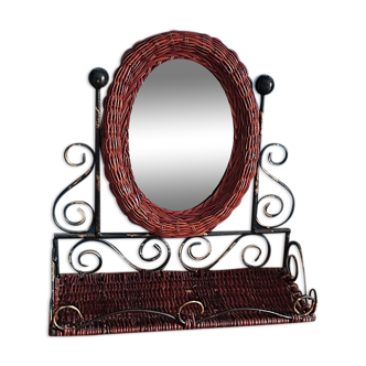 Rattan mirror patinated metal shelf