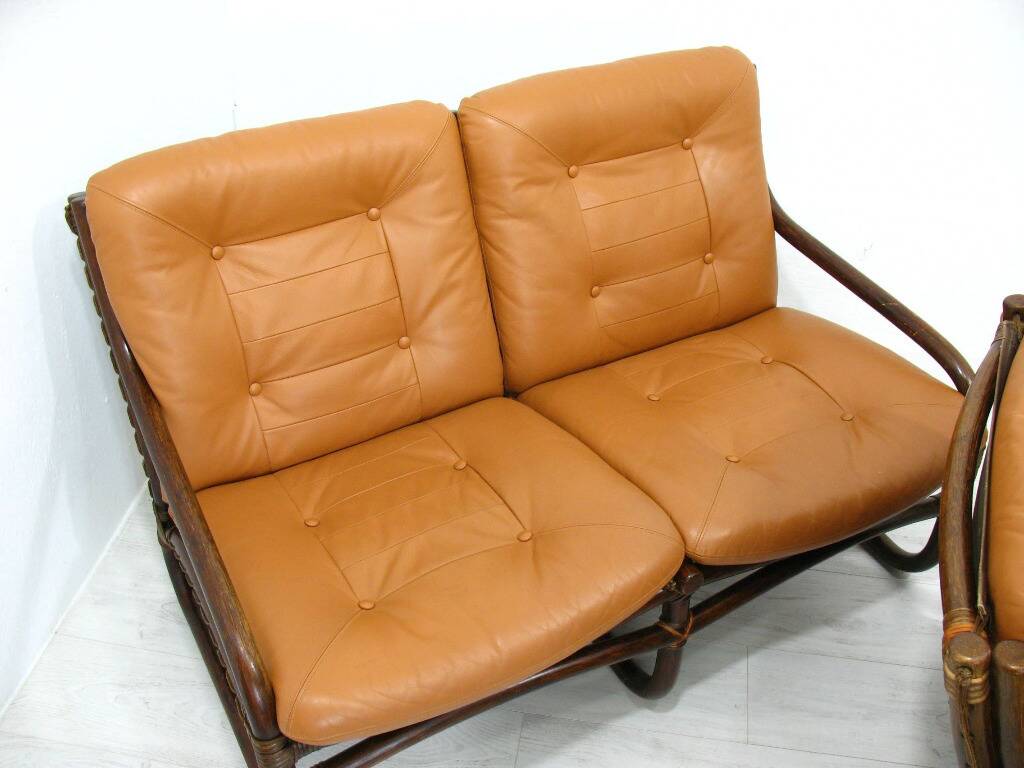 Italian Bamboo, Rattan, and Leather Living Room Set, 1970s