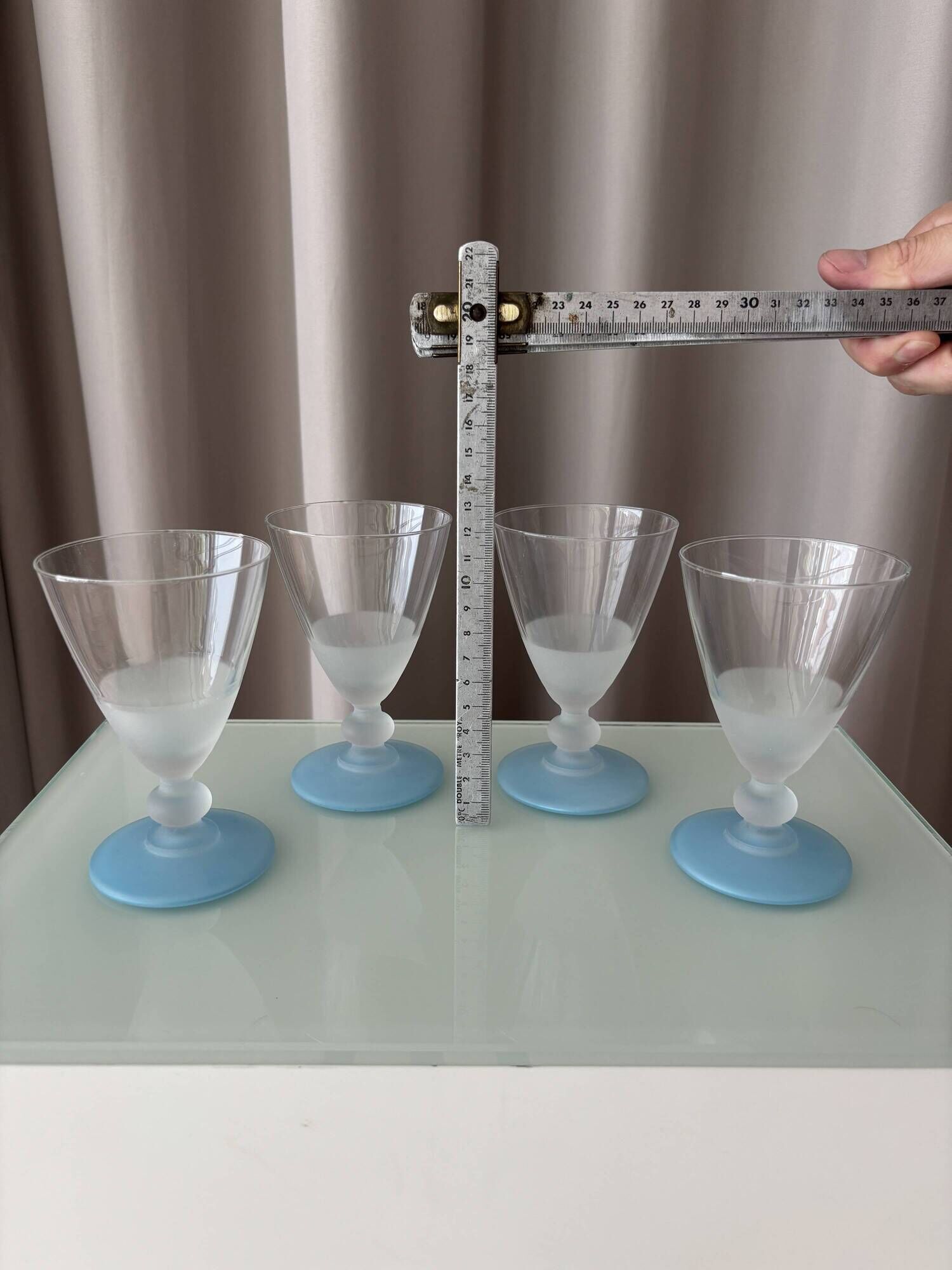 Set of 4 Vintage Frosted Blue & White Cocktail / Water Glasses