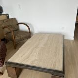 Table basse travertin cuivre et laiton Belgochrome