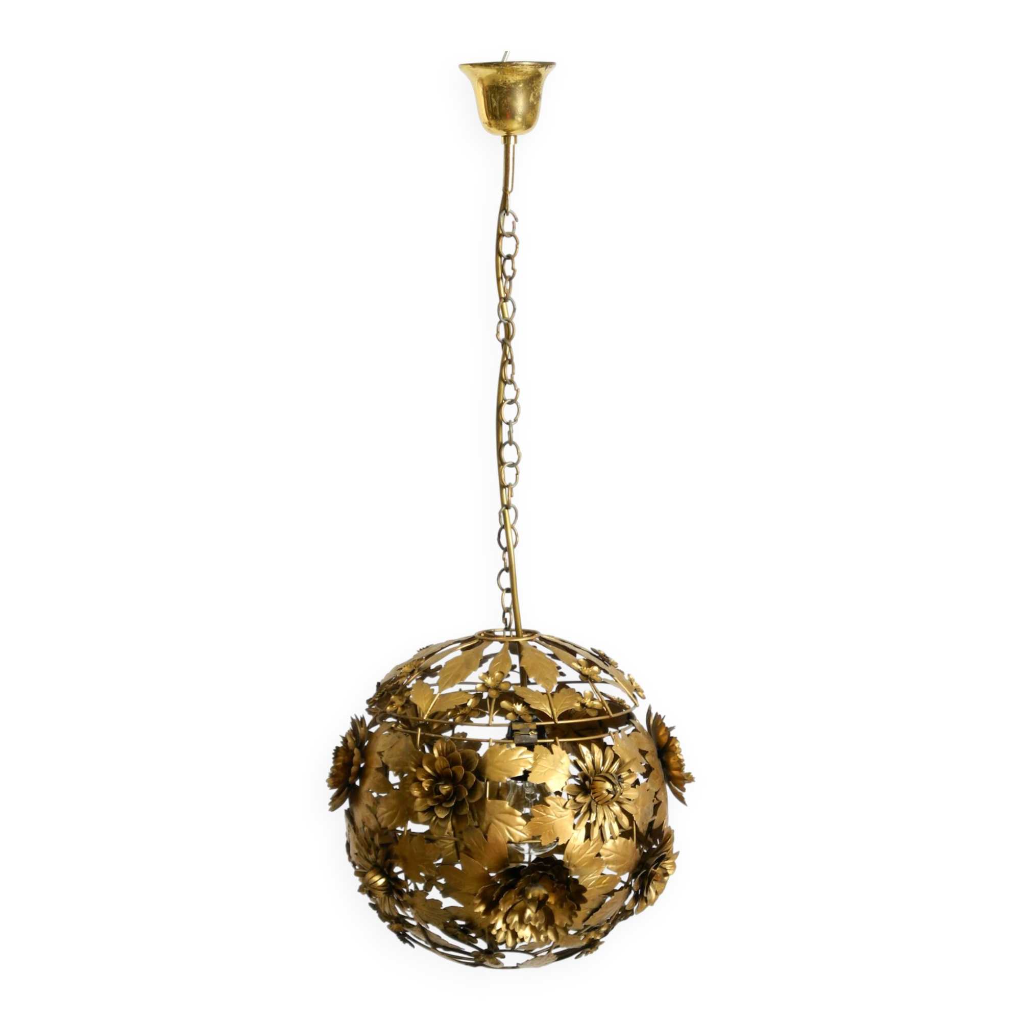 Beautiful floral-style spherical metal ceiling lamp, 1970s Regency design
