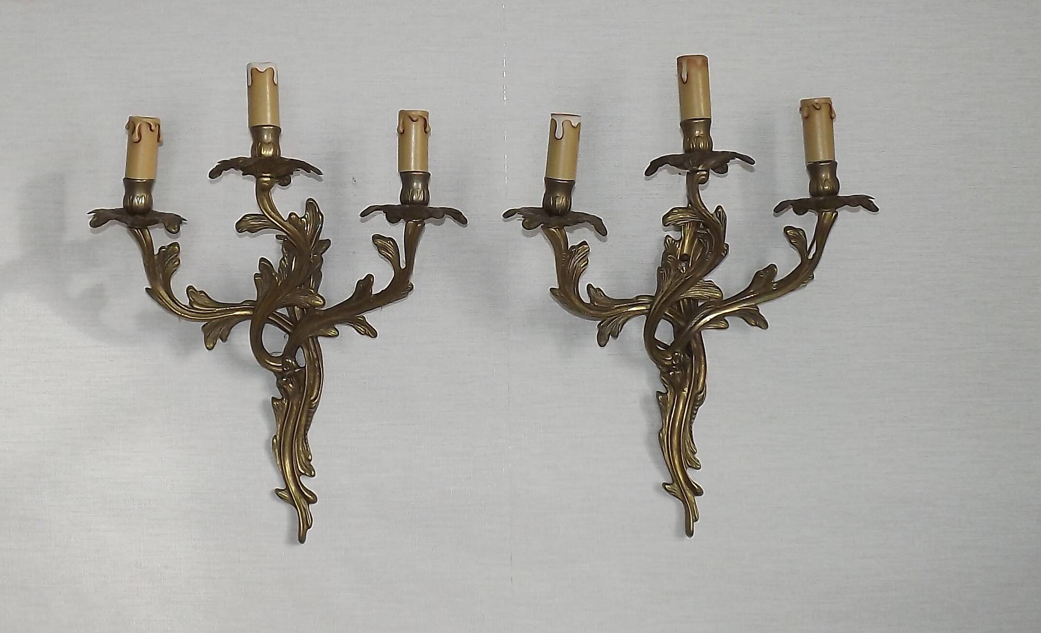Magnificent Pair of French Antique Bronze Three-Light Acanthus Wall Sconces