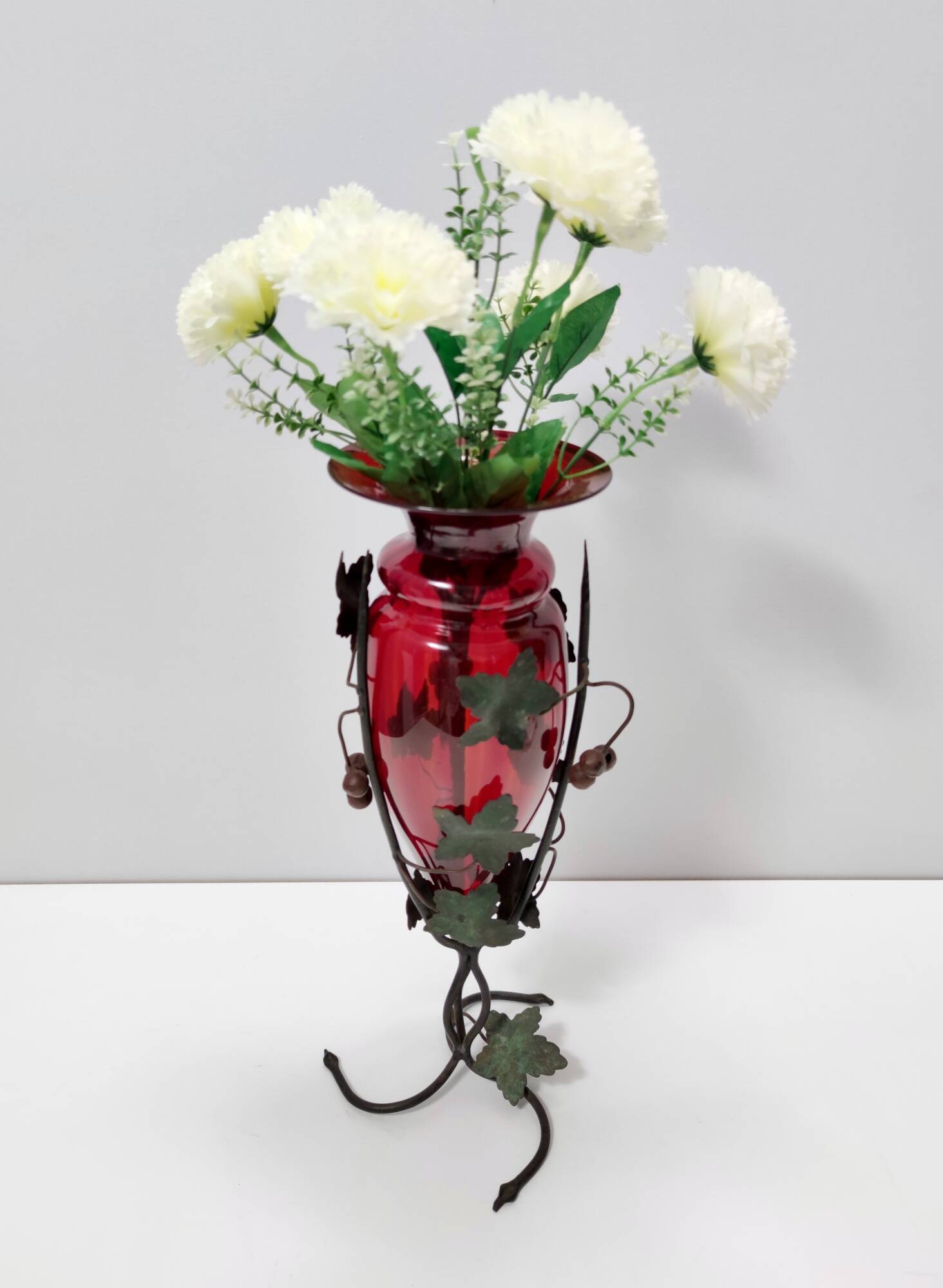 Ruby Red Murano Glass Vase with Iron Grape Vines Ascribable to Umberto Bell