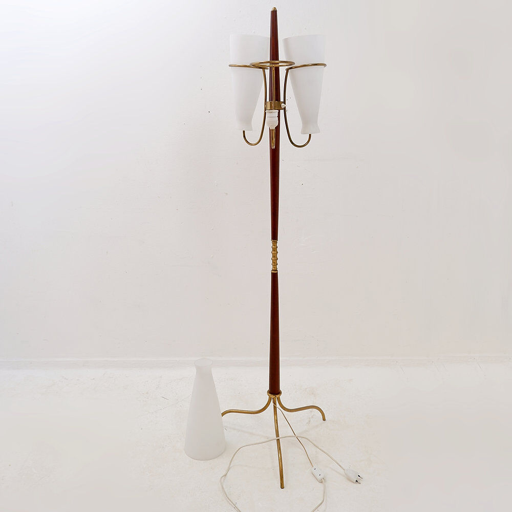 Tripod floor lamp with three arms and opaline glass - 1950s