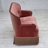 Canapé danois 2 places des années 1930, velours d'ameublement rose saumon, bois de frêne.