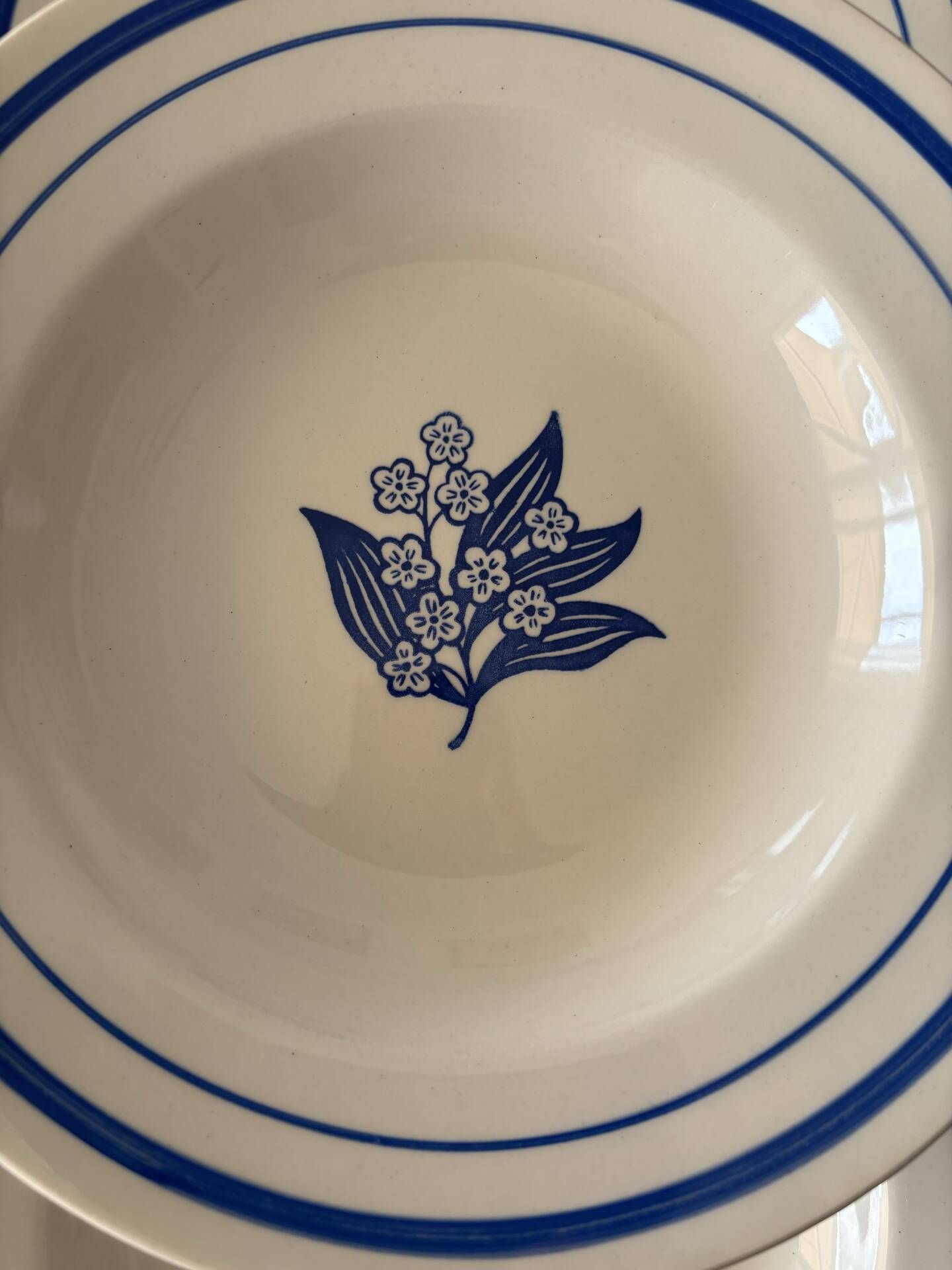 Set of 6 vintage deep plates in earthenware with blue lily of the valley flowers.