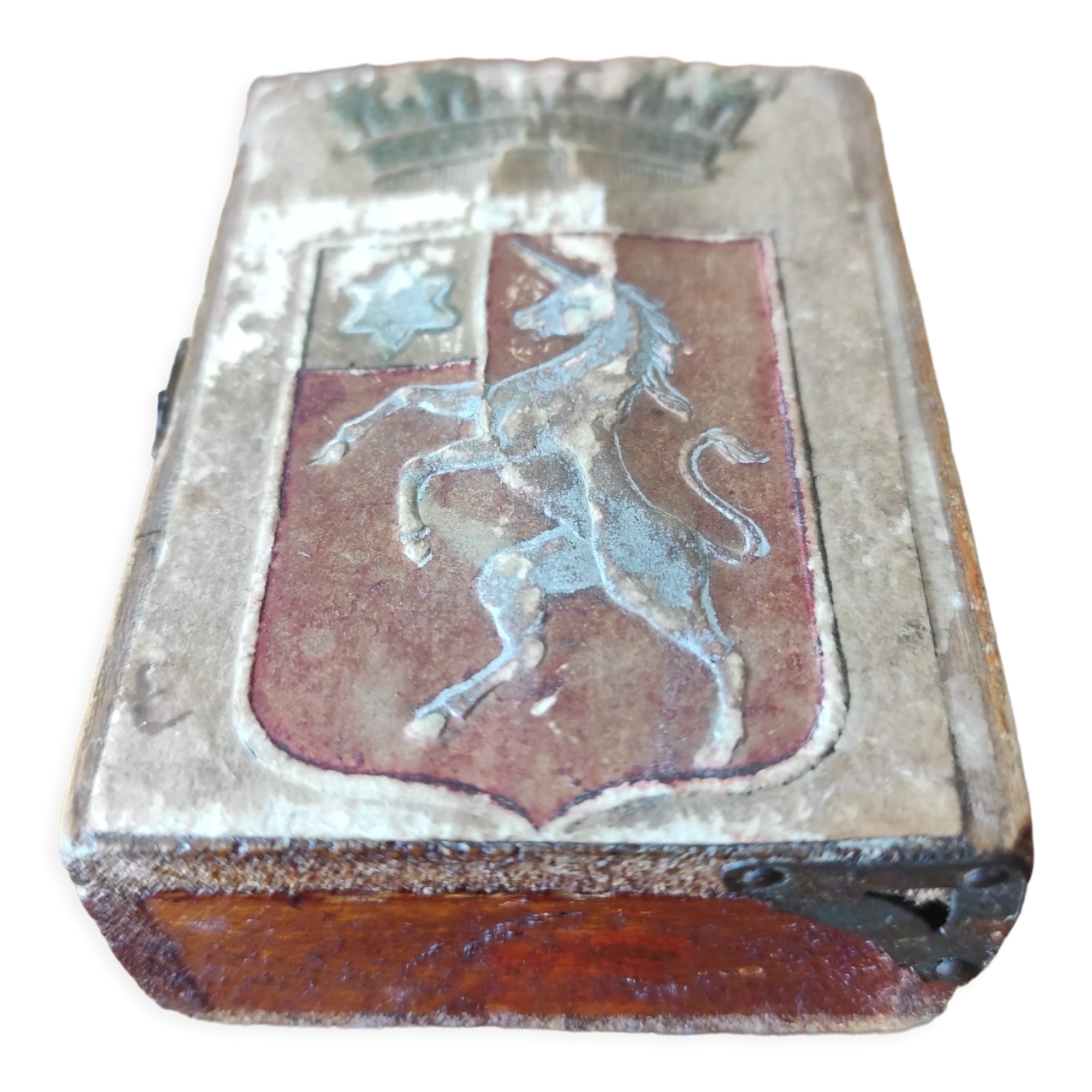 Wooden box decorated badge and unicorn