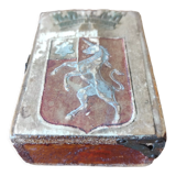 Wooden box decorated badge and unicorn