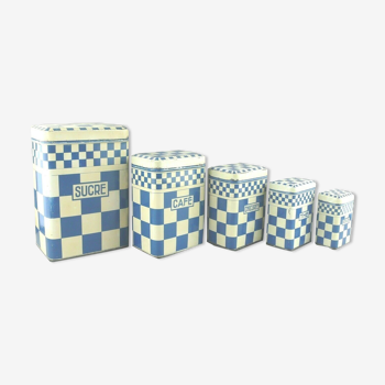 Series of 5 Art Deco spice boxes in sheet metal painted with white-blue checkerboards