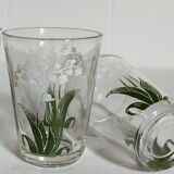 Seven glasses with digestive screen-printed with thrush, 30s