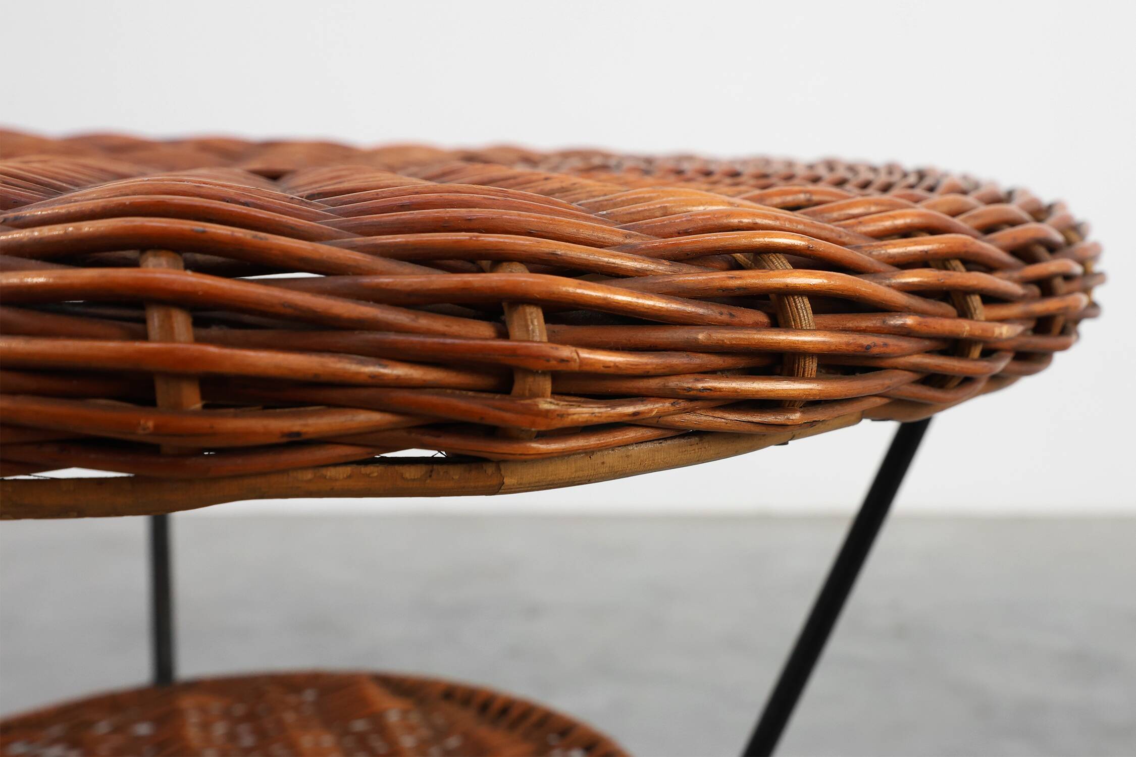 Mid-Century Woven Rattan, Wicker and Iron 2-Tier Round Coffee Table, Italy