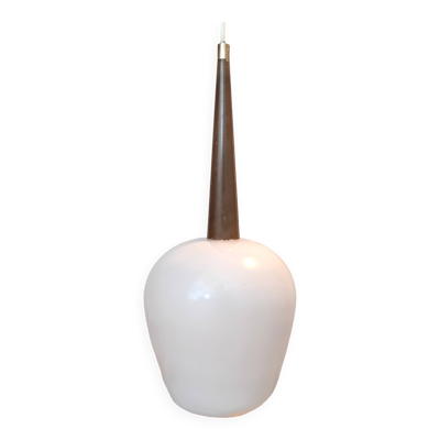 Suspension Louis Kalff  teck et opaline blanche 1950/1960.