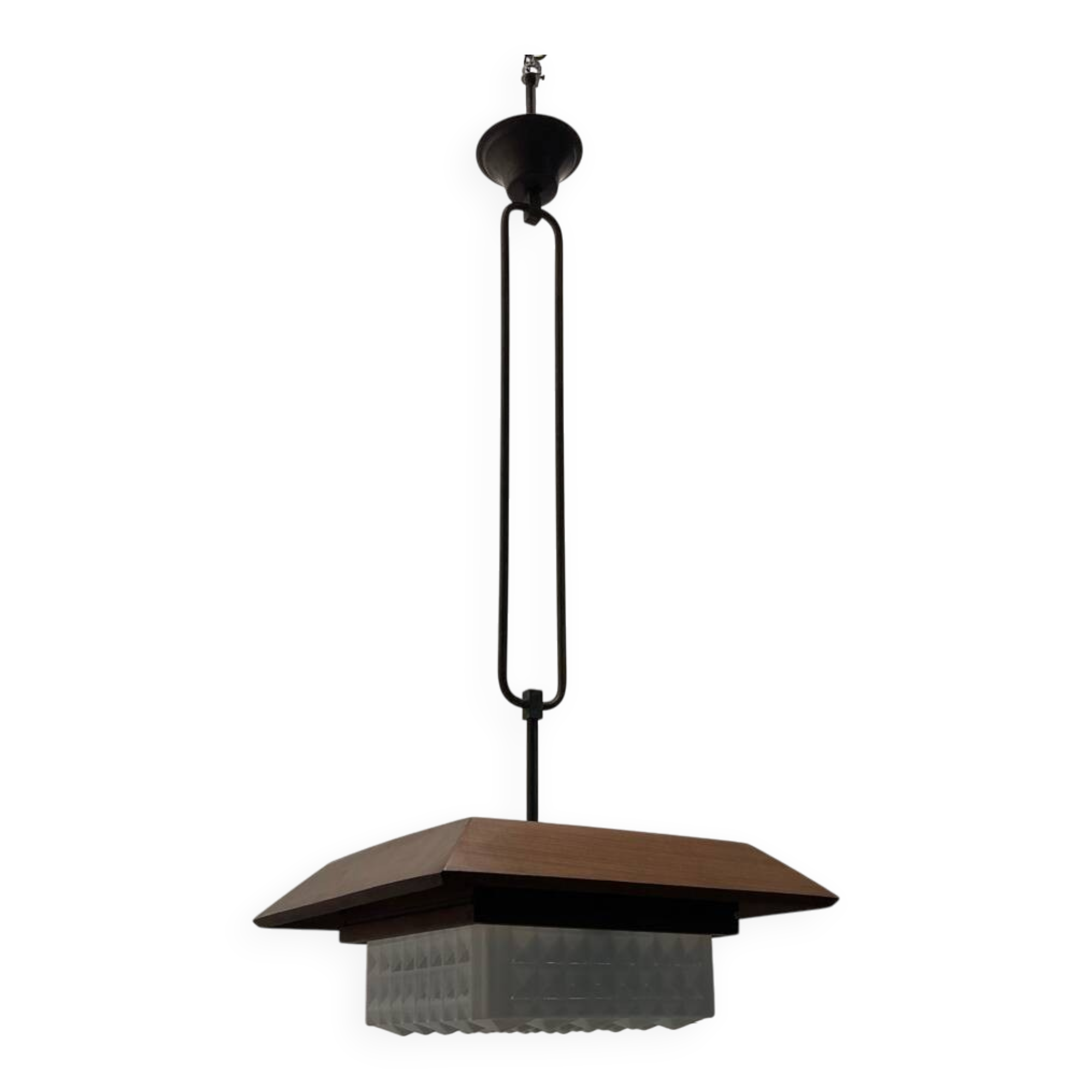 1950s Wood, Bronze & Opaline Glass Pendant Light