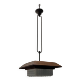 1950s Wood, Bronze & Opaline Glass Pendant Light