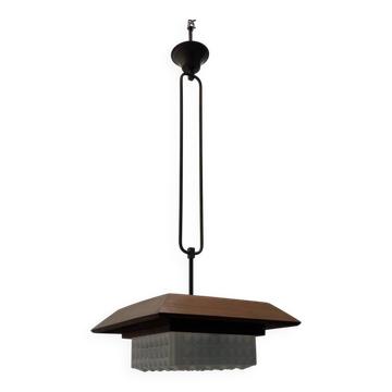 1950s Wood, Bronze & Opaline Glass Pendant Light