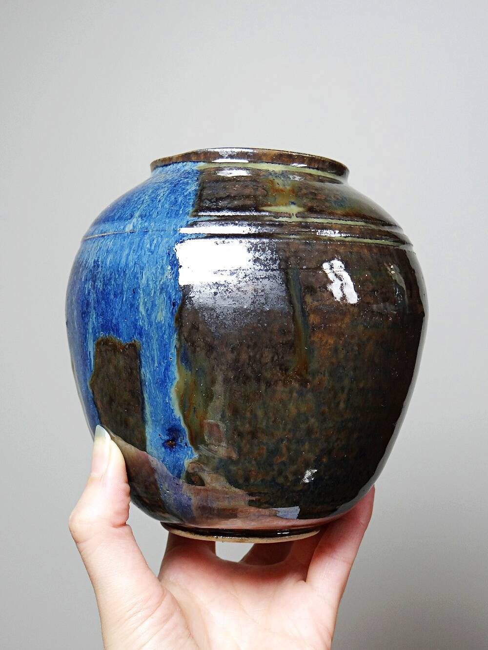 Small vintage/antique vase, very fine stoneware, flamed glaze, signature art ceramic