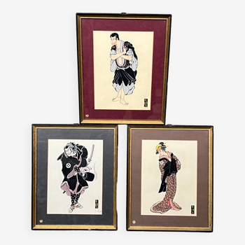 Set of gouache paintings "Actors of Kabuki Theatre".